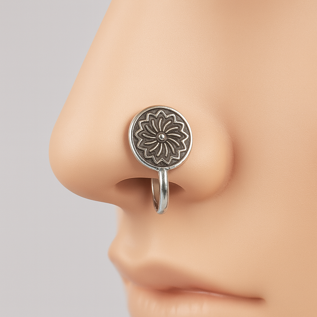 Oxidized Silver Jewellery Set – Kada, Earrings & Nose Pin (3-Piece Combo)