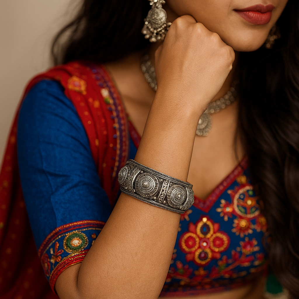 Oxidized Silver Jewellery Set – Kada, Earrings & Nose Pin (3-Piece Combo)