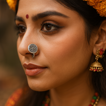 Oxidized Silver Jewellery Set – Kada, Earrings & Nose Pin (3-Piece Combo)