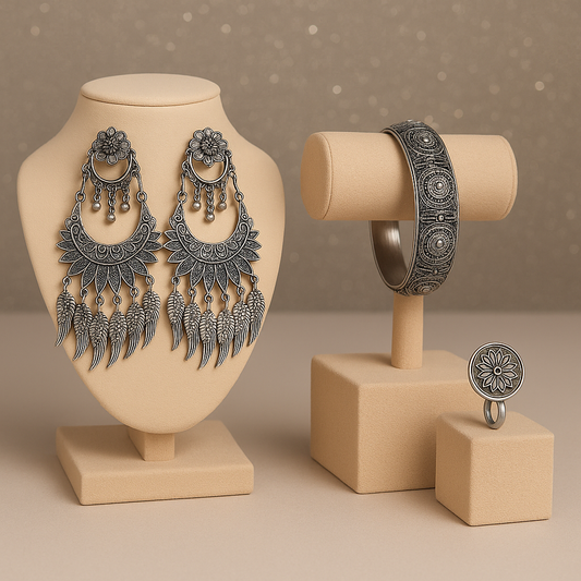 Oxidized Silver Jewellery Set – Kada, Earrings & Nose Pin (3-Piece Combo)